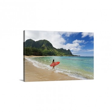 Hawaii Kauai Haena Beach Woman Entering Ocean With Surfboard Wall Art - Canvas - Gallery Wrap