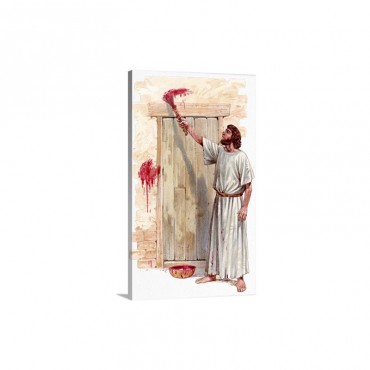 Illustration Of Israelite Man Painting Blood Of Passover Lamb On Wooden Door Post Wall Art - Canvas - Gallery Wrap