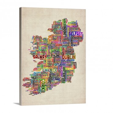 Irish Cities Text Map Multicolor On Parchment Wall Art - Canvas - Gallery Wrap