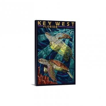 Key West Florida Sea Turtle Mosaic Retro Travel Poster Wall Art - Canvas - Gallery Wrap