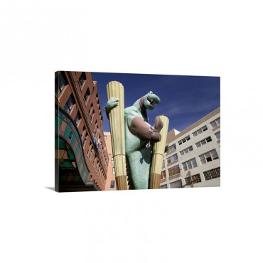 Low Angle View Of The Statue Of A Dinosaur In A Market Square West End Marketplace Dallas Texas Wall Art - Canvas - Gallery Wrap