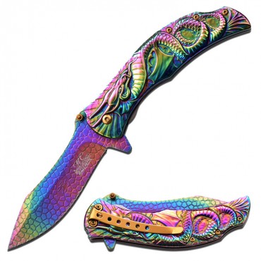 Master Collection 8.5 in. Stainless Steel Spring Assisted Knife Rainbow Titanium Coated Handle