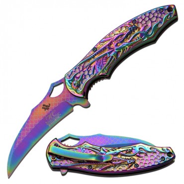 Master Collection 8.5 in. Spring Assisted Knife Laser Etch Rainbow Titanium Coated Blade