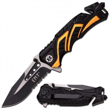 MTech USA Spring Assisted Knife Black Half Serrated Blade W/ Emt Logo