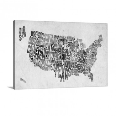 Map Of USA Showing State Names In Text Wall Art - Canvas - Gallery Wrap