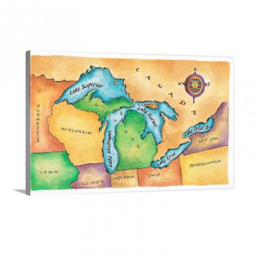 Map Of The Great Lakes Wall Art - Canvas - Gallery Wrap