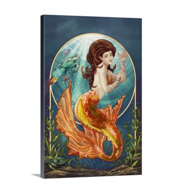 Mermaid Orange Tail Retro Poster Art Wall Art - Canvas - Gallery Wrap