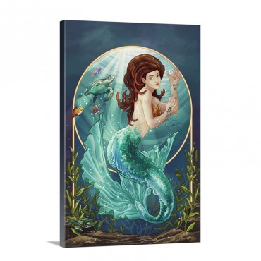 Mermaid Blue Tail Retro Poster Art Wall Art - Canvas - Gallery Wrap