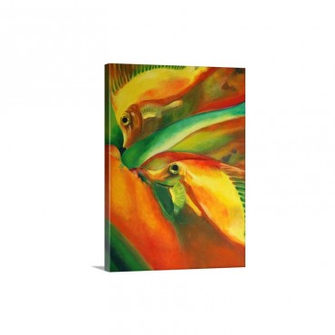 Oil On Canvas Painting Of Fishes In Red Green And Yellow Wall Art - Canvas - Gallery Wrap