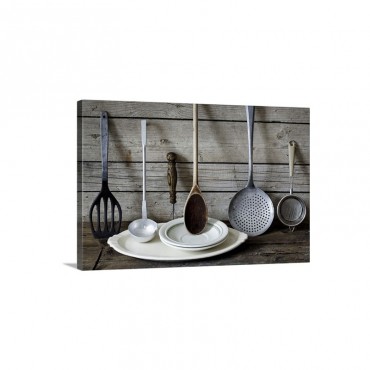 Old Kitchen Utensils And Crockery Against A Wooden Wall Wall Art - Canvas - Gallery Wrap