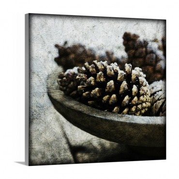 Pine Cones In Weathered Wooden Bowl