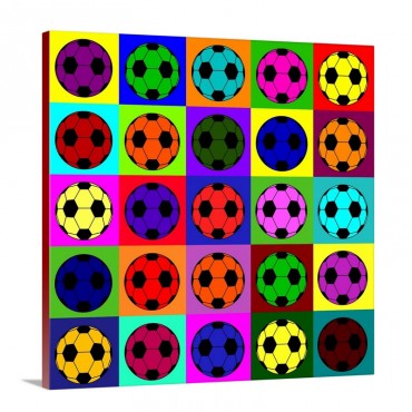 Pop Art Stylized Grid Of Multi Colored Soccer Balls Wall Art - Canvas - Gallery Wrap