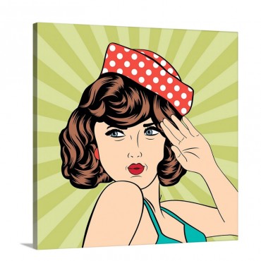 Pop Art Stylized Woman With Red Sailor Hat Against a Green Background Wall Art - Canvas - Gallery Wrap