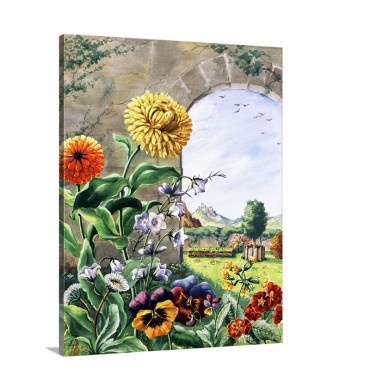 Pot Marigolds Bellflowers Daisies Pansies Cowslip Polyanthas. Wall Art - Canvas - Gallery Wrap