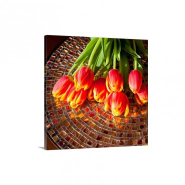 Red Tulips On A Mosaic Table Wall Art - Canvas - Gallery Wrap