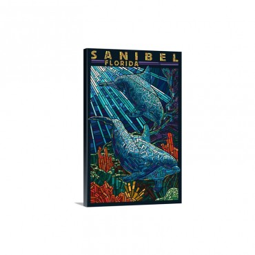 Sanibel Florida Dolphins Paper Mosaic Retro Travel Poster Wall Art - Canvas - Gallery Wrap