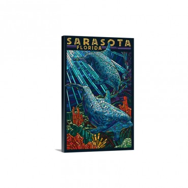 Sarasota Florida Dolphin Paper Mosaic Retro Travel Poster Wall Art - Canvas - Gallery Wrap