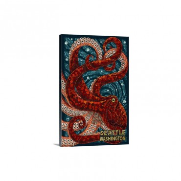 Seattle Washington Octopus Mosaic Retro Travel Poster Wall Art - Canvas - Gallery Wrap