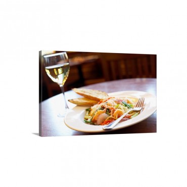 Shrimp Pasta With Glass Of White Wine Wall Art - Canvas - Gallery Wrap