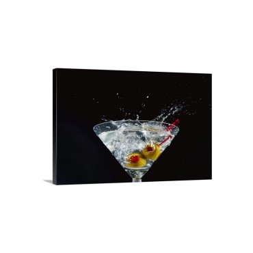 Splashing Martini With Olives Against Black Background Close Up Wall Art - Canvas - Gallery Wrap