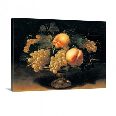 Still Life Peaches White Grapes Black Grapes Vine Leaves Metal Cup By Panfilo Nuvo Wall Art - Canvas - Gallery Wrap