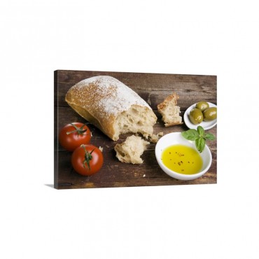 Still Life With Ciabatta Olive Oil Olives And Tomatoes Wall Art - Canvas - Gallery Wrap