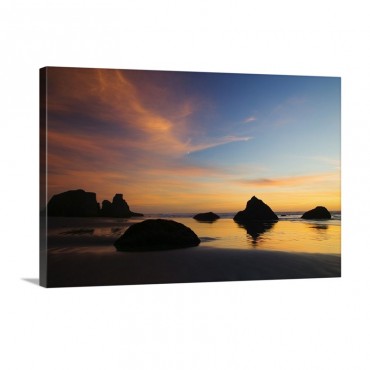 Sunset Sky Silhouetted Sea Stacks On Bandon Beach Bandon Beach State Park Oregon Wall Art - Canvas - Gallery Wrap