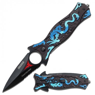 MTech 8 in. Stainless Steel Spring Assisted Knife Hunting Blue Dragon Aluminum Handle