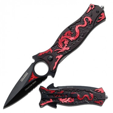 MTech 8 in. Stainless Steel Spring Assisted Knife Hunting Red Dragon Aluminum Handle