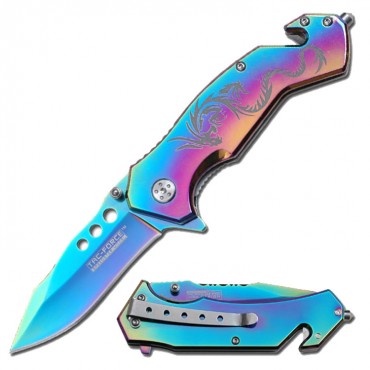 Tac-Force 7.75 in. Stainless Steel Spring Assisted Knife Dragon Pattern Rainbow Handle