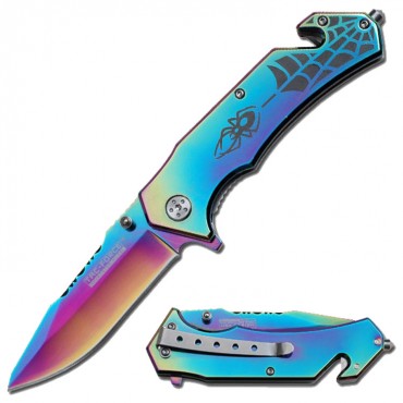 Tac-Force 8 in. Stainless Steel Spring Assisted Knife Spider Pattern Rainbow Handle