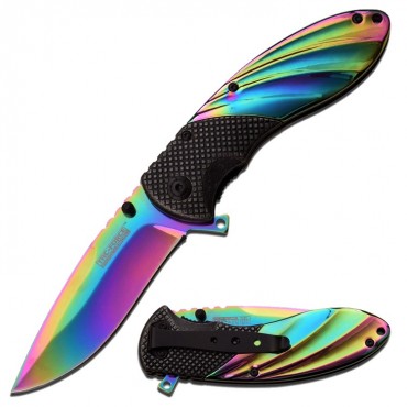 Tac-Force 8.3 in. Spring Assisted Knife Stonewash Stainless Steel & Rainbow Ti-coated Handle