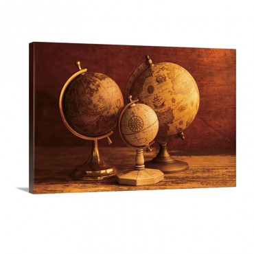 Three Globes With World Map Backdrop Wall Art - Canvas - Gallery Wrap