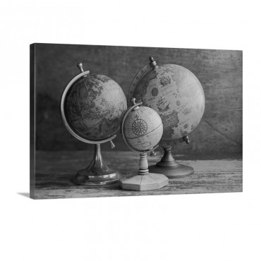 Three Globes With World Map Backdrop Wall Art - Canvas - Gallery Wrap