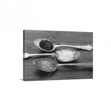 Three Types Of Salt On Silver Spoons Wall Art - Canvas - Gallery Wrap