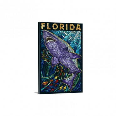 Tiger Shark Paper Mosaic Florida Retro Travel Poster Wall Art - Canvas - Gallery Wrap