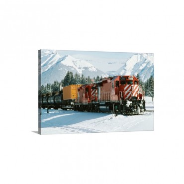 Train On Winter Landscape With Mountains Canada - Canvas - Gallery Wrap