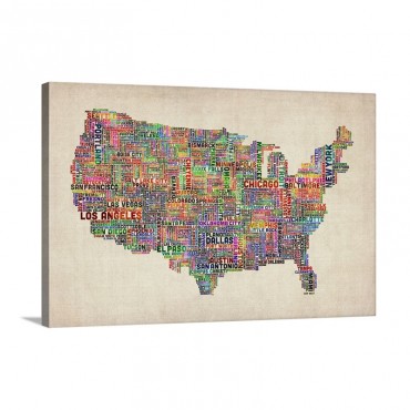 United States Cities Text Map Multicolor On Parchment Wall Art - Canvas - Gallery Wrap