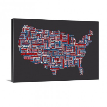 United States Cities Text Map US Colors On Grey Wall Art - Canvas - Gallery Wrap