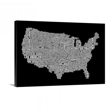 United States Cities Text Map Black And White Wall Art - Canvas - Gallery Wrap