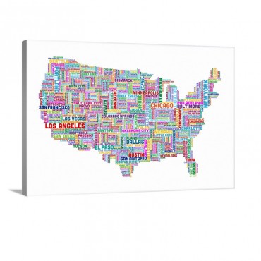 United States Cities Text Map Multicolor On White Wall Art - Canvas - Gallery Wrap