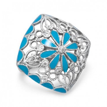 Rhodium Plated Brass Ring with Blue Enamel Floral Design