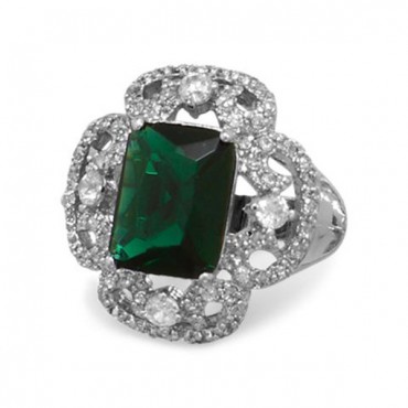 Rhodium Plated Brass Ring with Green and Clear CZs
