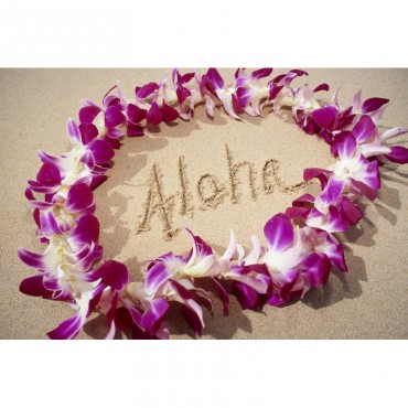 Hawaii Purple Orchid Lei On Beach Aloha Written In Sand