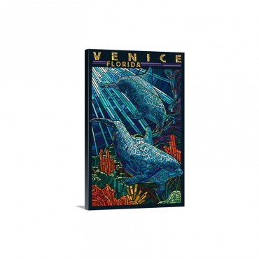 Venice Florida Dolphins Paper Mosaic Retro Travel Poster Wall Art - Canvas - Gallery Wrap