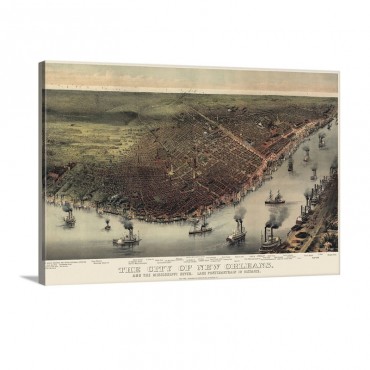 Vintage Birds Eye View Map Of The City Of New Orleans Wall Art - Canvas - Gallery Wrap
