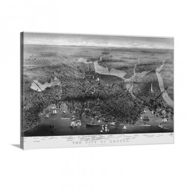 Vintage Birds Eye View Map Of The City Of Boston Wall Art - Canvas - Gallery Wrap