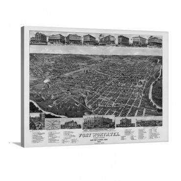 Vintage Birds Eye View Map Of Fort Worth Texas Wall Art - Canvas - Gallery Wrap