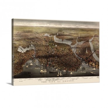 Vintage Birds Eye View Map Of The City Of Boston Wall Art - Canvas - Gallery Wrap