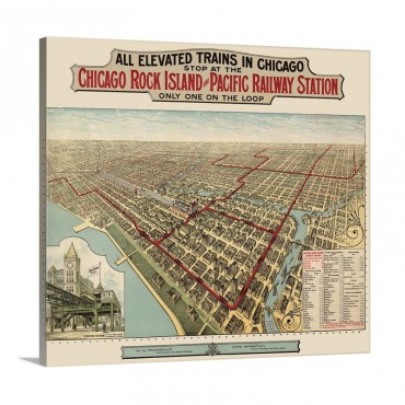 Vintage Birds Eye View Map Of Chicago Illinois Wall Art - Canvas - Gallery Wrap